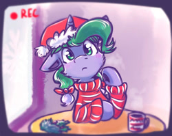 Size: 709x563 | Tagged: safe, artist:suplolnope, imported from derpibooru, oc, oc only, pony, unicorn, blushing, bust, christmas, floppy ears, hat, holiday, indoors, looking at you, mug, santa hat, solo, table, underhoof, window, winter