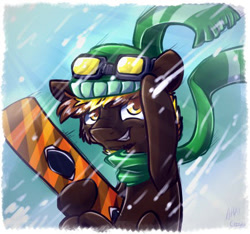 Size: 434x407 | Tagged: safe, artist:suplolnope, imported from derpibooru, oc, oc only, pony, bust, clothes, goggles, hat, looking at you, scarf, signature, snow, snowboard, snowfall, winter