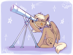 Size: 892x667 | Tagged: safe, artist:suplolnope, imported from derpibooru, oc, oc only, pegasus, pony, one eye closed, signature, sitting, solo, spread wings, stargazing, telescope, tongue out, wings