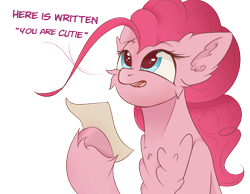 Size: 4500x3500 | Tagged: safe, artist:ponyangle, imported from derpibooru, pinkie pie, earth pony, pony, chest fluff, female, fluffy, happy, mare, open mouth, solo, text, unshorn fetlocks