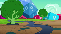 Size: 1280x720 | Tagged: safe, imported from derpibooru, screencap, dungeons and discords, season 6, background, cloud, dice, dungeons and dragons, no pony, ogres and oubliettes, pen and paper rpg, puddle, river, rpg, scenic ponyville, spiketopia, tree