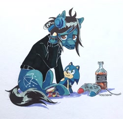 Size: 2266x2192 | Tagged: safe, artist:merrindon, imported from derpibooru, earth pony, pony, undead, zombie, zombie pony, alcohol, blood, bone, bottle, bring me the horizon, clothes, commission, controller, fangs, frown, headphones, high res, long sleeves, male, oliver sykes, plushie, ponified, rainbow blood, raised hoof, scar, shirt, signature, simple background, sitting, solo, sonic the hedgehog, sonic the hedgehog (series), stallion, stitches, tattoo, torn ear, traditional art, white background