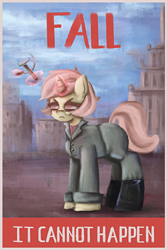 Size: 2000x3000 | Tagged: safe, artist:menalia, imported from derpibooru, oc, oc only, oc:violencia, pony, unicorn, boots, city, clothes, cloud, communism, female, hammer and sickle, high res, horn, magic, magic aura, mare, pants, poster, shirt, shoes, solo, soviet union, suit, text