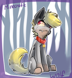 Size: 628x675 | Tagged: safe, artist:suplolnope, imported from derpibooru, oc, oc only, hybrid, wolf, wolf pony, collar, fangs, looking up, minecraft, red eyes, sitting