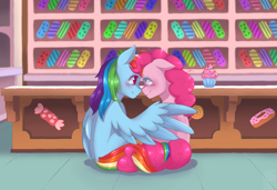 Size: 2000x1371 | Tagged: safe, artist:kathana-da, imported from derpibooru, pinkie pie, rainbow dash, earth pony, pegasus, pony, commission, female, intertwined tails, lesbian, pinkiedash, shipping, tail