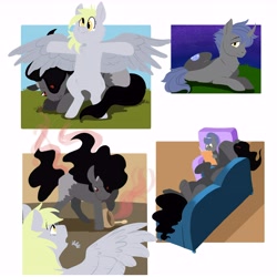 Size: 9999x9999 | Tagged: safe, artist:sandieapple, imported from derpibooru, derpy hooves, king sombra, oc, oc:blue moon, pegasus, pony, unicorn, absurd resolution, broken horn, couch, derpbra, father and child, father and daughter, female, filly, horn, lying down, male, mare, offspring, parent:derpy hooves, parent:king sombra, parents:derpbra, shipping, stallion, straight