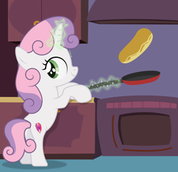 Size: 6360x6134 | Tagged: safe, artist:thatusualguy06, imported from derpibooru, sweetie belle, pony, unicorn, absurd resolution, atg 2021, bipedal, bipedal leaning, butt, cooking, cute, diasweetes, female, filly, food, kitchen, leaning, looking back, magic, magic aura, newbie artist training grounds, pan, pancakes, plot, show accurate, smiling, solo, sweetie belle's magic brings a great big smile, sweetie butt, telekinesis, the cmc's cutie marks, vector