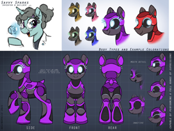 Size: 4000x3000 | Tagged: safe, artist:selenophile, imported from derpibooru, oc, oc only, oc:savvy sparks, original species, pony, robot, robot pony, al-i, butt, clothes, ear piercing, earring, female, glasses, jewelry, lab coat, lidded eyes, looking at you, mare, open mouth, piercing, plot, reference sheet, robo pony, smiling, technology