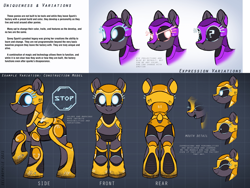Size: 4000x3000 | Tagged: safe, artist:selenophile, imported from derpibooru, oc, oc only, original species, pony, robot, robot pony, al-i, angry, butt, female, hologram, looking at you, mare, open mouth, plot, question mark, reference sheet, robo pony, smiling, technology