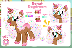 Size: 1200x798 | Tagged: safe, artist:jennieoo, imported from derpibooru, oc, oc only, oc:donut daydream, pony, unicorn, cute, donut, female, food, happy, mare, reference, reference sheet, scrunchy face, show accurate, smiling, solo, sprinkles, tongue out, vector