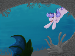Size: 780x584 | Tagged: safe, artist:hinami, imported from derpibooru, sea swirl, seafoam, pony, unicorn, coral, crepuscular rays, female, flowing mane, horn, ocean, open mouth, open smile, purple eyes, redraw, seaweed, smiling, solo, swimming, underwater, water