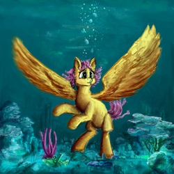 Size: 2000x2000 | Tagged: safe, artist:kingsleyrulz, imported from derpibooru, fluttershy, pegasus, pony, bubble, coral, crepuscular rays, feather, female, flowing tail, green eyes, high res, ocean, pink mane, seaweed, solo, spread wings, underwater, wings