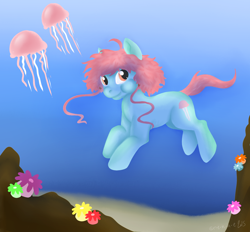 Size: 1500x1391 | Tagged: safe, artist:mangojax, imported from derpibooru, oc, oc only, earth pony, jellyfish, pony, contest, crepuscular rays, flower, holding breath, ocean, orange eyes, signature, solo, sunlight, underwater, water