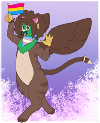 Size: 1563x1926 | Tagged: safe, artist:greenarsonist, imported from derpibooru, oc, oc only, oc:frizz, griffon, bandana, bow, cat ears, catboy, chubby, flag, fluffy hair, griffon oc, looking at you, male, nonbinary, nonbinary pride flag, pansexual, pansexual pride flag, pride, pride flag, pride month, smiling, smiling at you, solo, trans male, transgender, transgender pride flag, wings