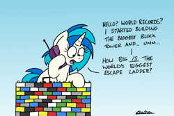 Size: 2264x1508 | Tagged: safe, artist:bobthedalek, imported from derpibooru, dj pon-3, vinyl scratch, pony, unicorn, atg 2021, didn't think this through, female, guinness world records, lego, mare, newbie artist training grounds, phone, solo, stuck