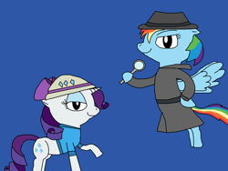 Size: 1700x1275 | Tagged: safe, artist:blazewing, imported from derpibooru, rainbow dash, rarity, pegasus, unicorn, atg 2021, bow, clothes, colored background, detective, diamonds, drawpile, explorer, fedora, female, flying, hat, hoof on hip, magnifying glass, mare, newbie artist training grounds, pith helmet, raised hoof, shirt, smiling, trenchcoat
