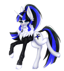 Size: 3864x4320 | Tagged: safe, artist:elektra-gertly, imported from derpibooru, oc, oc only, oc:coldlight bluestar, pony, unicorn, absurd resolution, bedroom eyes, clothes, collar, cutie mark, eyeshadow, female, horn, jacket, jewelry, leather, leather jacket, lipstick, looking at you, makeup, mare, ponytail, pose, posing for photo, simple background, smiling, smiling at you, solo, tail wrap, tiara, transparent background, unicorn oc, walking
