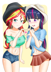 Size: 2480x3508 | Tagged: safe, artist:zoxriver503, imported from derpibooru, sunset shimmer, twilight sparkle, equestria girls, anime style, bare shoulders, belly button, blushing, clothes, cowgirl outfit, female, heart hands, high res, human coloration, lesbian, schrödinger's pantsu, shipping, short shirt, sunsetsparkle