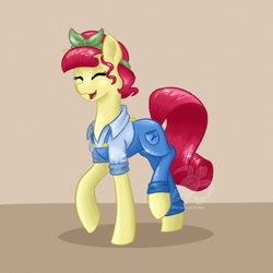 Size: 2048x2048 | Tagged: safe, artist:turtletroutstudios, imported from derpibooru, torque wrench, earth pony, pony, rainbow roadtrip, atorqueable, cute, eyes closed, female, high res, mare, open mouth, open smile, raised hoof, smiling, solo, standing on two hooves