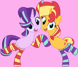 Size: 2236x1936 | Tagged: safe, artist:jadeharmony, artist:jadethepegasus, artist:makotomt, imported from derpibooru, starlight glimmer, sunset shimmer, pony, unicorn, base used, bipedal, clothes, cute, duo, female, glimmerbetes, lesbian, looking at you, mare, open mouth, pink background, raised hoof, raised leg, shimmerbetes, shimmerglimmer, shipping, simple background, smiling, socks, striped socks