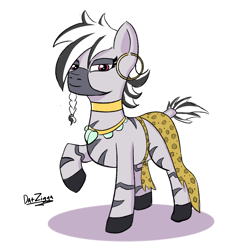 Size: 2886x2877 | Tagged: safe, artist:datzigga, imported from derpibooru, oc, oc only, oc:mahaba, pony, zebra, braid, choker, clothes, ear piercing, earring, femboy, high res, jewelry, lidded eyes, looking at you, male, necklace, piercing, signature, simple background, smiling, solo, stallion, white background, zebra oc