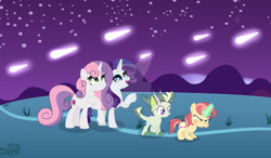 Size: 1024x599 | Tagged: safe, artist:velveagicsentryyt, imported from derpibooru, rarity, sweetie belle, oc, oc:burnity, oc:strawberlly, dracony, dragon, hybrid, pony, unicorn, female, filly, interspecies offspring, magic, offspring, older, parent:button mash, parent:rarity, parent:spike, parent:sweetie belle, parents:sparity, parents:sweetiemash, shooting star