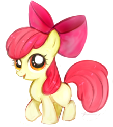 Size: 500x564 | Tagged: artist needed, safe, artist:laalaachii, imported from derpibooru, apple bloom, earth pony, pony, female, filly, open mouth, open smile, raised hoof, simple background, smiling, solo, transparent background