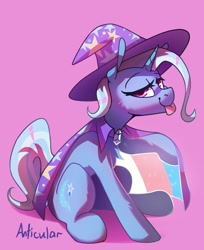 Size: 1134x1388 | Tagged: safe, artist:anticular, imported from derpibooru, trixie, pony, unicorn, cape, clothes, cute, cutie mark, diatrixes, eyelashes, female, hat, horn, mare, pride, pride flag, sitting, solo, tail, tongue out, trans female, trans trixie, transgender, transgender pride flag, trixie's cape, trixie's hat