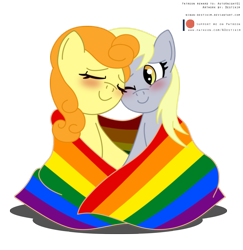 Size: 2583x2659 | Tagged: safe, artist:niban-destikim, imported from derpibooru, carrot top, derpy hooves, golden harvest, earth pony, pegasus, pony, couple, derpytop, female, gay pride, gay pride flag, high res, lesbian, no source, patreon, patreon logo, patreon reward, pride, pride flag, pride month, rainbow flag, shipping, simple background, transparent background
