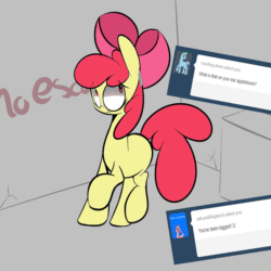 Size: 950x950 | Tagged: safe, artist:turtlefarminguy, imported from derpibooru, apple bloom, earth pony, pony, derpibooru, animated, female, filly, gray background, looking up, meta, nervous, scared, simple background, solo, tags, tumblr