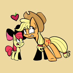 Size: 1280x1280 | Tagged: safe, artist:turtlefarminguy, imported from derpibooru, apple bloom, applejack, earth pony, pony, duo, female, filly, heart, mare, siblings, simple background, sisters, yellow background