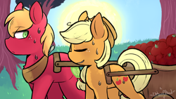 Size: 1280x720 | Tagged: safe, artist:urbanqhoul, imported from derpibooru, applejack, big macintosh, earth pony, pony, fanfic:an apple sleep experiment, apple, applecest, brother and sister, cart, female, food, male, siblings, sweat