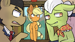 Size: 1280x720 | Tagged: safe, artist:urbanqhoul, imported from derpibooru, applejack, filthy rich, granny smith, earth pony, pony, fanfic:an apple sleep experiment, female, male, mare, stallion, sweat, sweatdrop