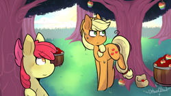 Size: 1280x720 | Tagged: safe, artist:urbanqhoul, imported from derpibooru, apple bloom, applejack, earth pony, pony, fanfic:an apple sleep experiment, apple, food, tree, zap apple