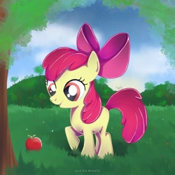 Size: 1280x1280 | Tagged: safe, artist:nnaly, imported from derpibooru, apple bloom, earth pony, pony, adorabloom, apple, cute, female, filly, food, open mouth, solo, tree