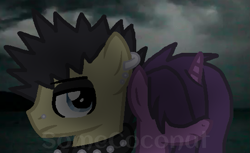 Size: 545x333 | Tagged: safe, artist:somecoconut, imported from derpibooru, oc, oc only, oc:blackberry abyss, oc:elusive branch, pony, unicorn, bust, choker, cloud, duo, ear piercing, earring, female, goth, horn, jewelry, magical lesbian spawn, makeup, male, mare, offspring, outdoors, parent:tempest shadow, parent:tree hugger, parent:twilight sparkle, parent:zephyr breeze, parents:tempestlight, parents:zephyrhugger, piercing, spiked choker, stallion, unicorn oc