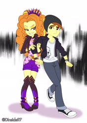 Size: 1441x2048 | Tagged: safe, artist:deadinside97, imported from ponybooru, adagio dazzle, oc, oc:eclipse shadow, equestria girls, boots, bracelet, canon x oc, clothes, commission, female, hug, jacket, jewelry, male, shoes, simple background