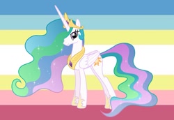 Size: 1117x768 | Tagged: safe, edit, imported from derpibooru, princess celestia, alicorn, pony, crown, cutie mark, ethereal mane, female, jewelry, mare, pride flag, regalia, smiling, solo, starry mane, vector
