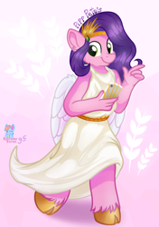Size: 1792x2545 | Tagged: safe, artist:rainbow eevee, imported from ponybooru, pipp petals, anthro, pegasus, unguligrade anthro, spoiler:my little pony g5, clothes, cloven hooves, crown, cute, dress, equine, female, fictional species, folded wings, food, fur, gradient background, green eyes, hair, hasbro, hooves, ibis paint, iphone, iphone wallpaper, jewelry, looking at you, mammal, mare, my little pony, my little pony g5, phone, phone wallpaper, pink background, pink body, pink fur, purple hair, regalia, simple background, smiling, smiling at you, solo, solo female, text, unshorn fetlocks, wallpaper, wheat, wings