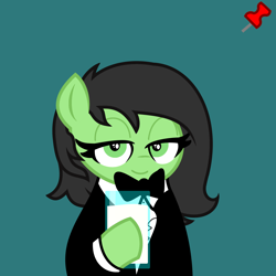 Size: 2048x2048 | Tagged: safe, artist:dtavs.exe, imported from ponybooru, oc, oc:filly anon, earth pony, pony, acres avatar, base used, clothes, female, filly, holding, lidded eyes, looking at you, mare, milk, smiling, suit, tuxedo