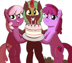 Size: 3132x2725 | Tagged: safe, alternate version, artist:heretichesh, imported from ponybooru, berry punch, berryshine, cheerilee, cinder glow, summer flare, earth pony, kirin, pony, background removed, bipedal, birthday cake, birthday gift, cake, candle, eye clipping through hair, female, food, happy, holding, hoof hold, looking at you, mare, open mouth, simple background, smiling, transparent background, trio