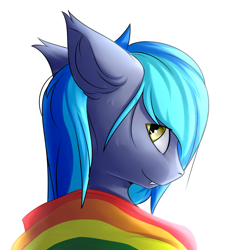 Size: 1500x1600 | Tagged: safe, artist:snowstormbat, imported from derpibooru, oc, oc only, oc:midnight snowstorm, bat pony, pony, ear fluff, fangs, floppy ears, gay pride flag, looking at you, looking back, looking back at you, male, pride, pride flag, pride month, rainbow flag, simple background, smiling, solo, stallion, white background