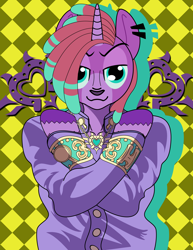 Size: 3000x3883 | Tagged: safe, artist:piropie, imported from derpibooru, oc, oc only, oc:piropie, anthro, unicorn, clothes, high res, jojo pose, jojo's bizarre adventure, josuke higashikata, simple background