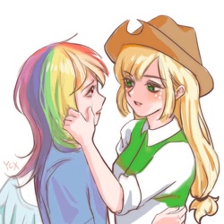 Size: 2000x2000 | Tagged: safe, artist:ycx23, imported from derpibooru, applejack, rainbow dash, human, equestria girls, appledash, comforting, crying, female, high res, humanized, lesbian, shipping, translated in the comments, winged humanization, wings