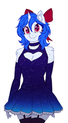 Size: 1435x2573 | Tagged: safe, artist:gempainter32, derpibooru exclusive, imported from derpibooru, oc, oc only, oc:diamond nella, anthro, unicorn, adorasexy, anthro oc, arm warmers, blue dress, blue hair, blue mane, boob window, bow, breasts, choker, cleavage, clothes, colored, cute, dress, ear fluff, eye clipping through hair, female, flat colors, garter belt, garters, hair bow, happy, legs together, looking at you, magenta eyes, mare, sexy, shooting star, shoulder fluff, simple background, skindentation, skirt, socks, solo, stars, thigh highs, white background, zettai ryouiki