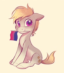 Size: 2140x2438 | Tagged: safe, artist:imalou, imported from derpibooru, oc, oc only, oc:cookie malou, earth pony, pony, bisexual pride flag, female, high res, holding a flag, looking at you, mare, mouth hold, pale belly, pride, pride flag, simple background, sitting, solo