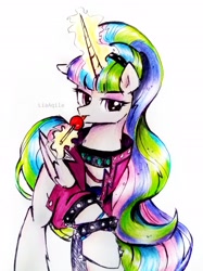 Size: 2567x3425 | Tagged: safe, artist:liaaqila, imported from derpibooru, princess celestia, pony, candy, clothes, commission, cosplay, costume, food, headband, high res, lollipop, looking at you, magic, magic aura, ponytail, raised hoof, simple background, white background