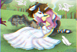Size: 1596x1080 | Tagged: safe, artist:jvartes6112, imported from derpibooru, fluttershy, oc, oc:jv6112, alicorn, bird, dove, pegasus, pony, alicorn oc, canon x oc, clothes, crying, dress, eyes closed, female, horn, hug, makeup, male, mare, outdoors, shipping, sleeping, stallion, straight, tree, wedding dress, wings