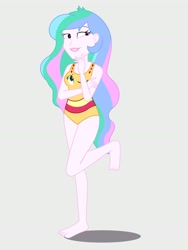 Size: 2112x2816 | Tagged: safe, artist:draymanor57, imported from derpibooru, princess celestia, sunset shimmer, equestria girls, barefoot, clothes, clothing transformation, feet, high res, inanimate tf, one eye closed, sleeveless, swimsuit, transformation