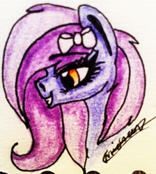 Size: 1982x2210 | Tagged: safe, artist:beamybutt, imported from derpibooru, oc, oc only, earth pony, pony, bow, bust, earth pony oc, eyelashes, female, grin, hair bow, mare, signature, smiling, solo, traditional art